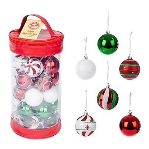 Christmas Village 30 Piece Christmas Tree Baubles Set With PVC Storage Bag - 6cm Xmas Ornament Balls- For Home Office, Holiday Décor - Set includes Mat, Shiny, Glitter Baubles (Green/Red/White) Cover