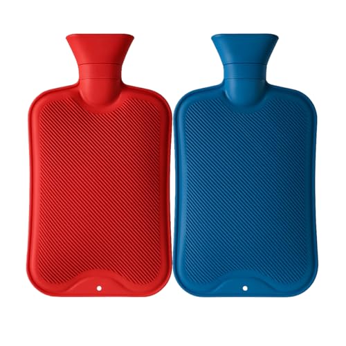 2 Litre Large Hot Water Bottles Pack of 2 - Natural Rubber Leakproof Hot Water Bag with Ribbed Surface for Pain Relief Period Cramps Muscle Aches Back Pain & Warm Therapy (Assorted Colours)