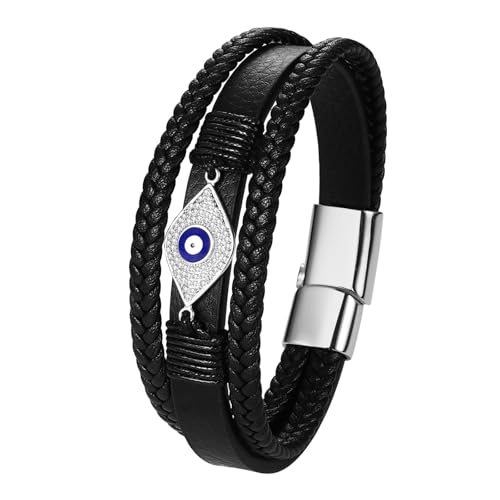 Flongo Bracelet Homme Cuir Tressé: Bracelet Manchette Cuir Multirang Mauvais Oeil Bleu Protection avec Bloucle Acier Inoxydable et Strass Bracelet Punk -...