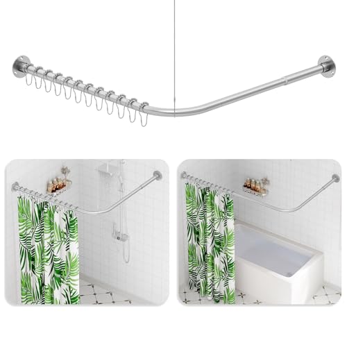 Image of L Shaped Shower Curtain Rail, (60-133cm) x (60-133cm) Extendable Corner Shower Curtain Rail, Curved Shower Rail With 12 Rings & Ceiling Support For Bathroom & Bathtubs, Need Drilling - Silver