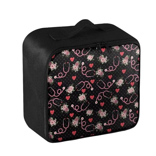 Image of Gomyblomy First Aid Bag Empty Stethoscope Flowers Small Medicine Bag Travel Medical Supplies Storage Bag with Zippers and Handle Black First Aid Pouch for Home School Dorm