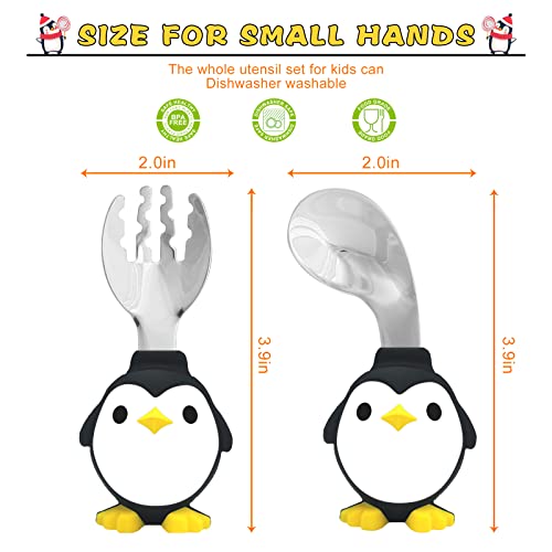 Baby Fork And Spoon Set - Toddler Utensils - Baby Training Utensils - Toddler Silverware - Silicone And Stainless Steel - Kids And Toddler Utensil Set - Penguin (With Carrying Case) #TOP3