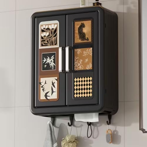 Image of Homero Vintage Wall Mounted Storage Cabinet with Hooks | Multipurpose Bathroom, Kitchen & Home Organizer | Waterproof, Dustproof Double Door Wall Storage Box | No Drill Installation