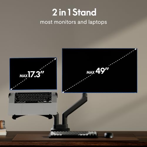 Image of FlexiSpot Laptop Mount, Dual Monitor Arm with Laptop Tray, Fits Up to 49 Inch Monitor and 17.3 Inch Notebook, Full Adjustable Gas Spring Holds up to 44lbs per Arm for Office & Home, Wood Grain