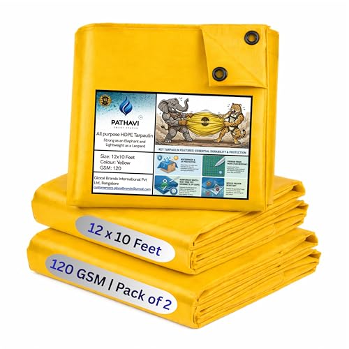 Image of Premium 12x10ft Yellow Tarpaulin, Thadika, 120GSM Virgin Tharpai Sheet, Heavy Duty Waterproof Tadpatri Cover with Reinforced Eyelets & UV Protection, Ideal for Trucks, Farms, HomeUse, 2 Sheets