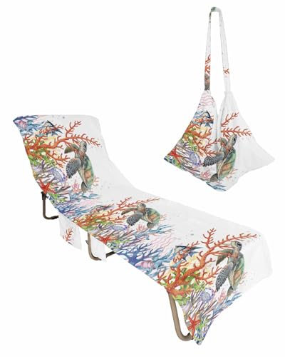 Sea Turtle Beach Lounge Chair Towel Cover, Soft Chaise Lounge Towel with Side Pockets Patio Pool Chairs Cover for Beach/Pool Sunbathing 29x85 Colorful Coastal Coral Nautical Ocean
