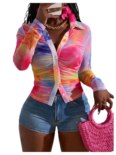 SOLY HUX Women's Y2k Tie Dye Tops Button Down Long