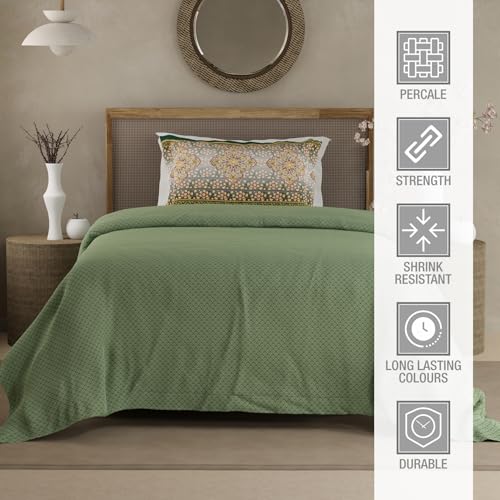 Image of BOUTIQUE LIVING Heritage Walk 100% Egyptian Cotton 200 TC Green Ethnic Print Single Bedsheet with 1 Pillow Cover