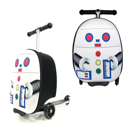 M-V-O Kids Suitcase with Scooter, 2 in 1 Ride on Scooter Suitcase Cabin Approved, Durable and Non Slip, Recommended for Over 5 Years, Lightweight Foldable Luggage, 18-Inch Carry on Luggage (Robot)