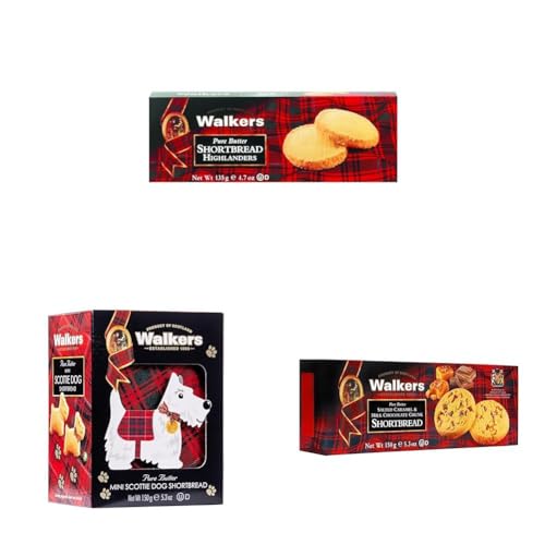 Walker’s Pure Butter Shortbread Highlanders, Mini Scottie Dog Shaped Shortbread 51-Count Carton & Salted Caramel & Milk Chocolate Chunk Cookies – Authentic Shortbread Cookies from Scotland