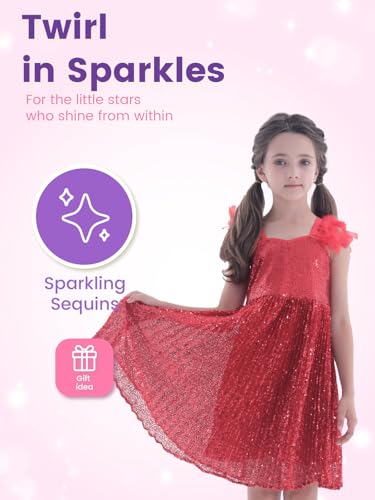 WELAKEN Girls Sparkly Sequin Dress Feather Strap Pleated Twirl Party Formal Dress4