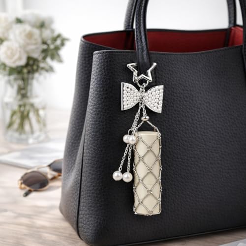 Image of MAYCREATE Bag Charms Y2K Metal Net Lipstick Holder Keychain with Touch Up Mirror, Fashion Golden Makeup Lipstick Balm Organizer Portable Chic Bag Charm Accessories