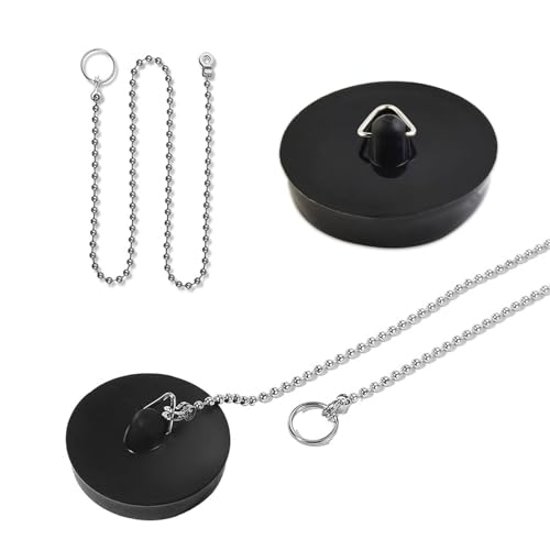 Dreamil Lot de 2 bouchons de vidange en caoutchouc avec chaîne de 18 cm, bouchons de vidange pour évier, baignoire, cuisine, salle de bain, (40–45 mm, noir)
