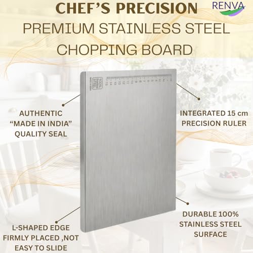 Image of RENVA Food Grade Stainless Steel Cutting Board with Lip, Metal Chopping Board for Meat, Fruits, Vegetables, Bread, and Baking 36x29cm(36x29 cm Silver)