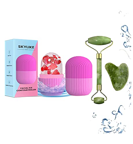 Skylike Ice Roller and Face Stone Roller Massager with Gua Sha Stone Set Facial Roller and 100% Natural Stone Jade Roller For Skin Eye Neck Body Ice Cube Roller Women Men Beauty Silicone Reusable