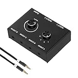 Interruptor de audio bidireccional: el interruptor selector de audio de 3.5 mm está especialmente diseñado para clientes que tienen múltiples fuentes de audio y altavoces, puedes conectar cuatro fuentes de audio y utilizar un auricular para recibir, o conectar una fuente de audio y cuatro auriculares receptores al mismo tiempo