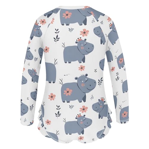 Cartoon Hippo Animals Girls Long Sleeve Swimsuit Rash Guard One Piece Bathing Suits Zipper 3-12T3