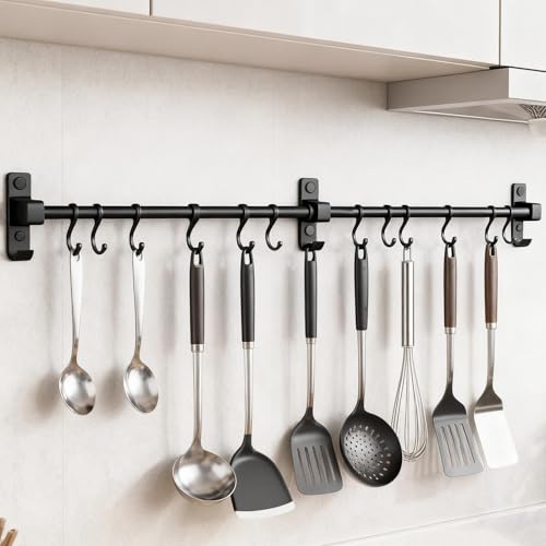 ATTEEFI Barre de Ustensiles Suspension 80 cm, Aluminium Porte-Ustensiles Mural avec 12 Crochets Amovibles, Noir Support Mural Cuisine, Patère de Cuisine, pour...