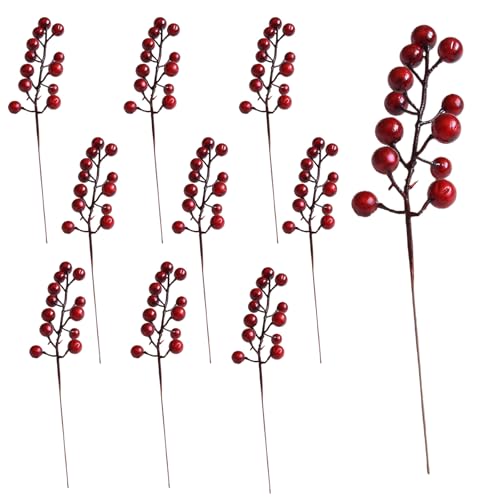 10 Packs Artificial Red Berry Stems Branches Red Artificial Berry Stems Holly Berries Tree Decorations Wreath Garland Ornaments for Festival Holiday Home Decor Festive Party Floral Arrangements