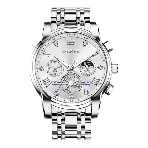 Image of OLEVS Men Watches Stainless Steel Chronograph Watch, Large Wrist Analog Quartz Watch, Fashion Waterproof Diamond Roman Numerals Dress Watches for Men, Gold /Black /White /Blue /Grey Dial