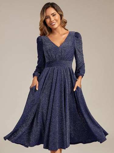 Ever-Pretty Women's V-Neck Fall Long Sleeve Glitter Midi A-Line Formal Wedding Guest Dresses with Pocket 025233