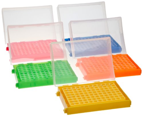 Heathrow Scientific 96-Well PCR Rack, Polypropylene, Assorted Colors Pack (Blue, Green, Pink, Yellow, Orange), Pack of 5