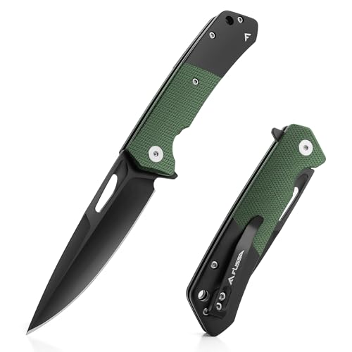 FLISSA Folding Pocket Knife, SANDVIK 14C28N Blade Knife with Micarta-Steel Handle, Pocket Clip and Thumb Hole for EDC Camping Hiking Outdoor Green