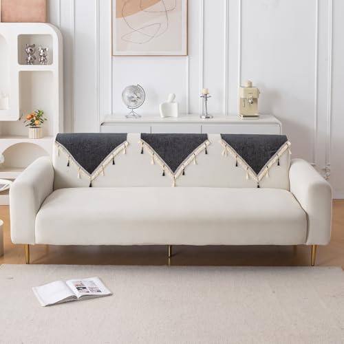 Image of HOKIPO 'Serenity Tassel' Chenille Sofa Back Cover with Tassels - 1 Pc Midnight Graphite (IN-894-DGRY)