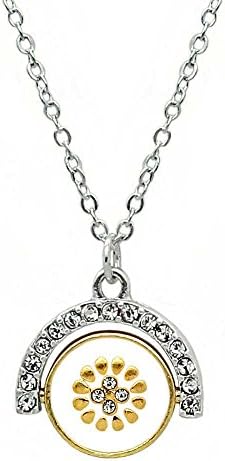 Inspirational Chain Pendant Necklace, 'Joy' - Gold & Silver Two-Toned Flip Charm With Crystal Flower