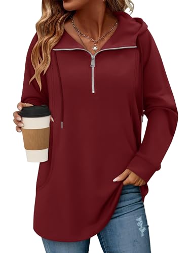onlypuff Women Hoodie Pullover Trendy Quarter Zipper Lapel Sweatshirts Drawstring Cute Hooded Tunic Tops with Side Pockets