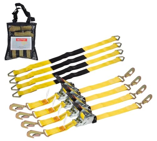 Mytee Products 4Pack 1''x12' Retractable Ratchet Straps Kit w/Snap Hook, Axle Straps w/Delta Ring, Protective Sleeve, Storage Bag - Self Ratcheting Tie Down Strap w/500 lbs WLL for Boat, Jet Ski, ATV