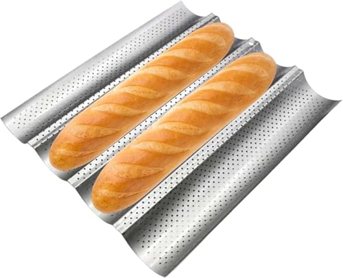 Molde para hornear baguettes, pan, 4 radios, sartén para baguette, acero al carbono, bandeja para baguette, porosa, adecuada para hornear pan francés y grasas francesas, 38 x 32 cm (plata)