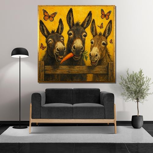 TONGYINLI Esel-Poster und -Drucke, Bild: Drei Esel teilen sich eine Karotte, Leinwandbild mit fröhlichen Schmetterlingen für die Wandgestaltung im Landhausstil (45x45cm/Rahmenlos)