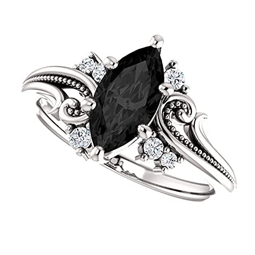 Filigree Black Marquise Ring White Gold, Floral Marquise Shape Onyx Black Simulated Diamonds Engagement Ring, Woodland Black Marquise Proposal Ring, Twig Leaf Ring (5.5) #TOP4