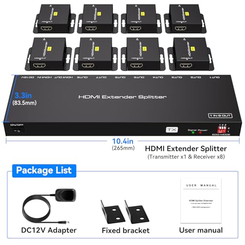 Image of VPFET HDMI Extender Splitter Over Ethernet 1 in 8 Out Cat5e or 6 Up to 165FT 50m HD1080P 60Hz 3D with Port Loop Out Support EDID POC Suitable for Projection Exhibition Presentations