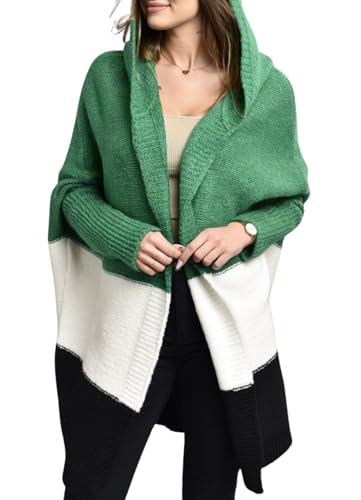 Image of Women's Oversized Hooded Cardigan Color Block Open Front Sweater Chunky Knit Long Coatigan Coat
