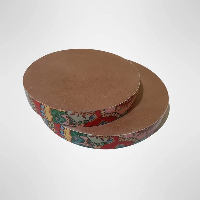 Image of MDF Wood Serving Trays, Rustic Nesting Trays Stackable Platters for Serving Cakes, Pastries, Snacks, Breakfast, Coffee Table, Party (Round Set 2 Multi)