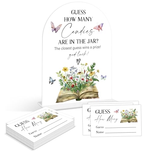 Baby Shower Games - Storybook Guess How Many Candies Are in the Jar Game, 1 Arch Acrylic Sign and 50 Guessing Cards, Gender Reveal Game, Wildflower Butterfly Baby Shower Decoration Supplies (DT08)