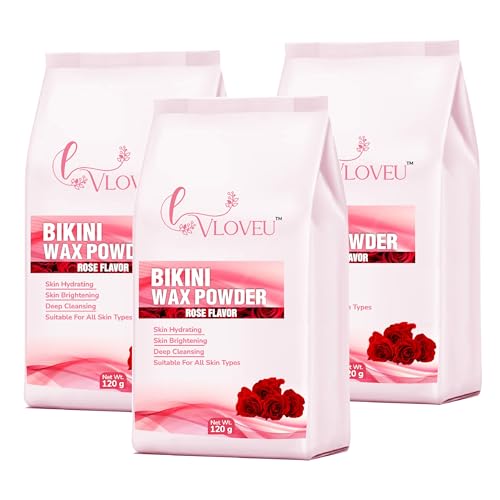 Image of VLOVEU - Rose Bikini Wax Powder for Women - 120g, Pack of 3 | 5 Minutes Painless Herbal Wax Powder for Hair Removal | Easy to Use at Home, No Chemicals - No Irritation, Bikini Wax for Women and Girls