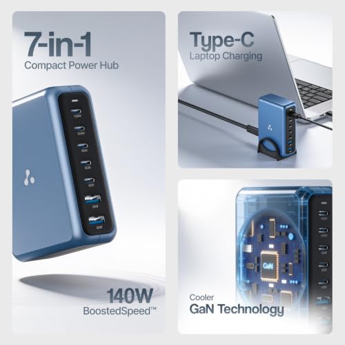 Image of Ambrane 140W GaN Charger Hub, Charge 7 Devices, 100W Macbook /Type C Laptop Charging, 5 Type-C PD Technology, 2 USB-A Ports, Long Cable, Fast Charging-Mobile, Laptop, All Devices (Charge Hub 140, Blue)