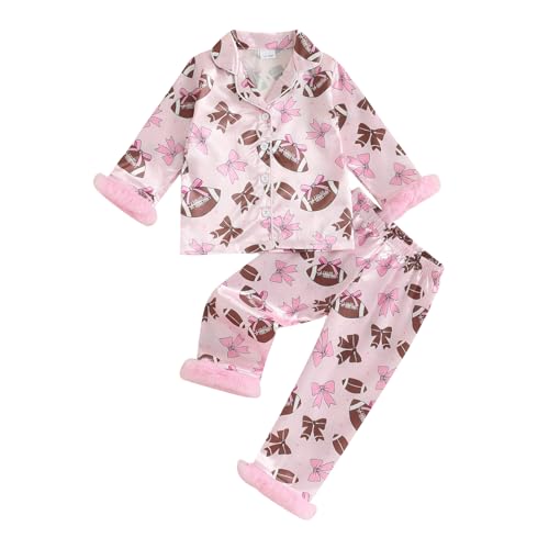 Kuriozud Kids Toddler Girl Christmas Pajamas Fuzzy Trim Long Sleeve Button Down Shirt Top and Pants 2pcs Pjs Sets Sleepwear