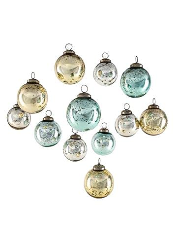 Serene Spaces Living Set of 12 Vintage Style Gold, Blue & Silver Glass Ball Ornaments for Christmas Tree, Holiday Decorations, Winter Wedding, Table Centerpiece, Window Box, Measures 2.5
