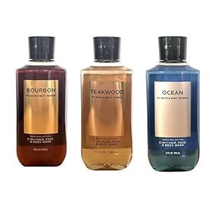 Bath and Body Works 3 Pack 2-in-1 Hair + Body Wash Teakwood, Ocean and Bourbon. 10 Oz.