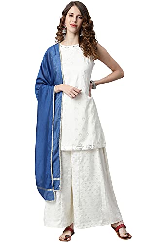 Image of Janasya Women's Off- White and Silver Poly Silk Kurti With Palazzo and Dupatta