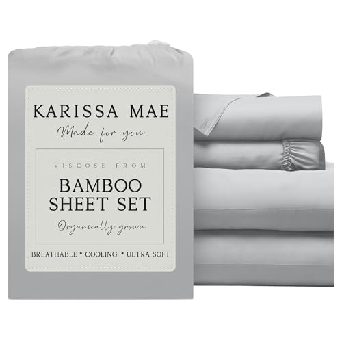 KARISSA MAE Luxury Bamboo Viscose 34 Split Top King Size Sheet Set | 100% FSC Certified | Cooling | Luxuriously Soft | 18 Deep Pockets | with Organizer Band & Elastic Corner Strap [Grey Mist]