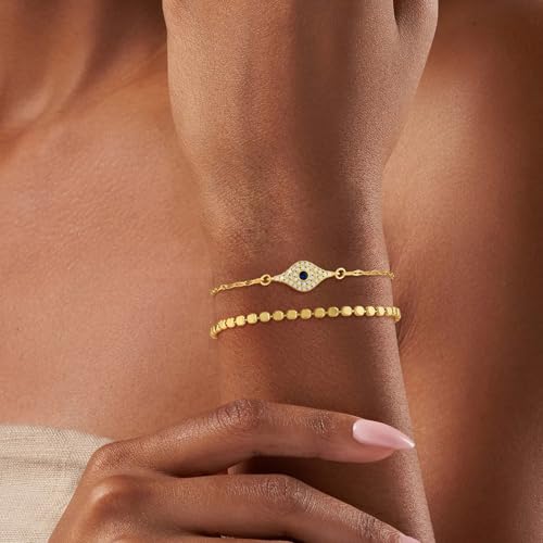 SUPNEER 18K Gold Evil Eye Bracelets for Women 5A Cubic Zirconia Blue Eye | Adjustable Link Bracelets Set, 2Pcs Protection, Jewelry Gift with Card for Mother's Day Christmas - image 3