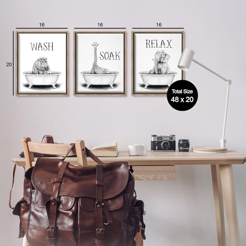 Image of Jungle Animals Bathroom Signage, 16 x 20 Inch Canvas in Floater Frame Set | Stupell Industries . By Rachel Nieman . Ready to hang . Great for bath and laundry . Made in USA