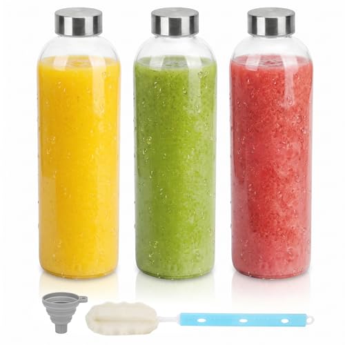 Image of Zukro Glass Juice Bottles with Lids 32 oz, 3 Pack Reusable Clear Large Glass Containers for Juicing, Smoothies, Cold Brew Coffee & Water, Leakproof Stainless Steel Caps, Funnel & Cleaning Brush Set