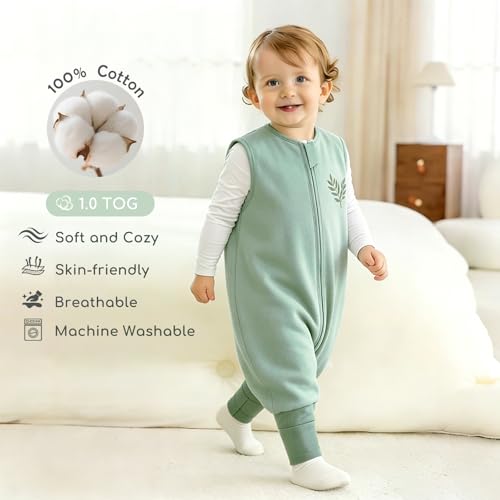 Image of Chilsuessy Toddler Sleep Sack with Feet 2-3 T, 0.5 TOG Cotton Baby Wearable Blanket with Legs, Sleep Bag Walker with 2-Way Zipper, Dark Green