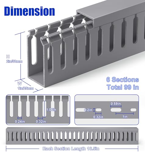 Image of ZhiYo 2 inch H x 1 inch W Cable Management Raceway, 99in Under Desk Channel, Grey | Slotted Wire Duct, 6Pack, 16.5in Each, Heavy-Duty PVC Cable Management for Server Racks, Network Cables & Electrical Cabinets